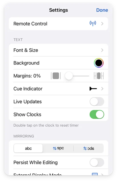 Teleprompter Pro Settings Menu