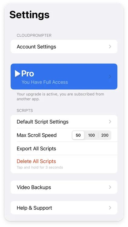 Teleprompter Pro App Settings Menu