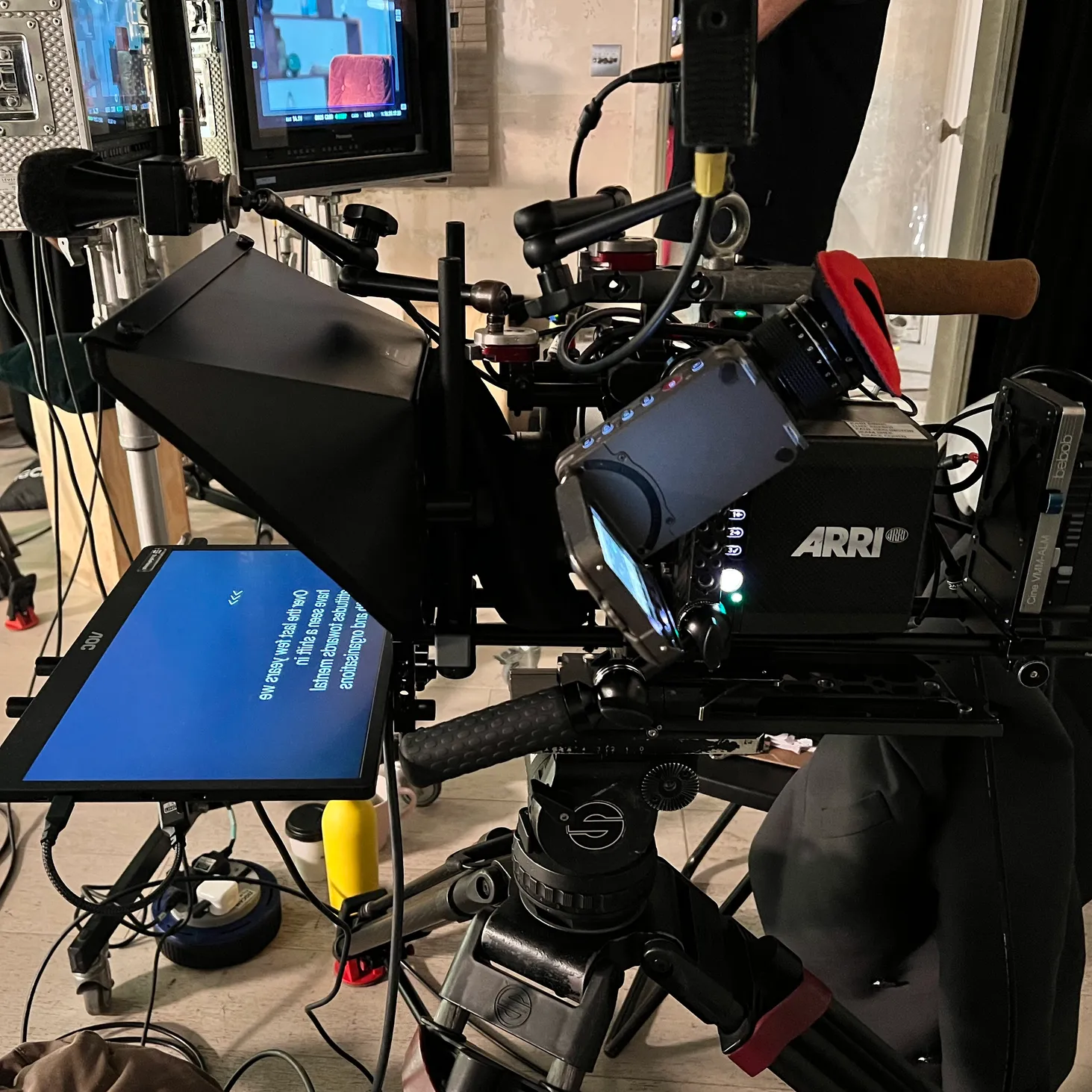 Teleprompter mounted to Arri cine camera