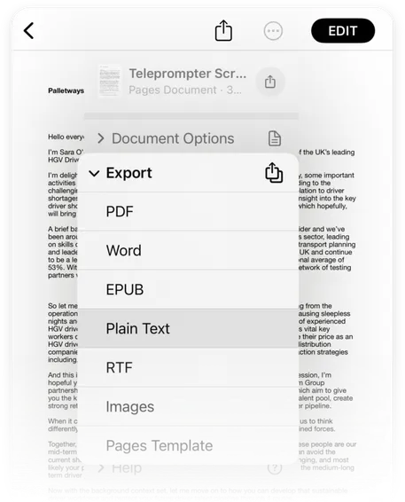 Apple Pages on iOS - Export to Plain Text